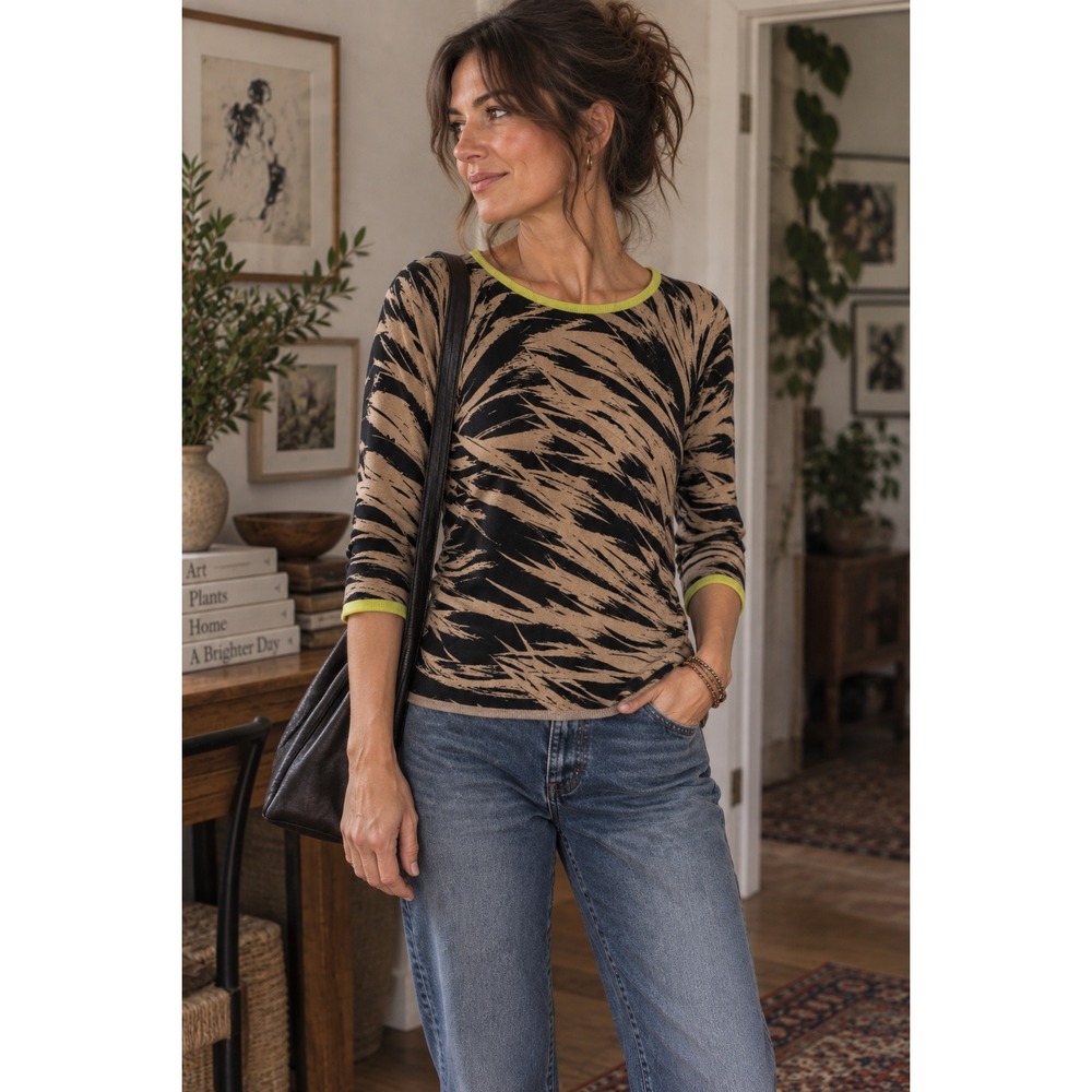 Belford 100% Cashmere Sweater Womens Small Abstract Animal Print 3/4 Sleeve